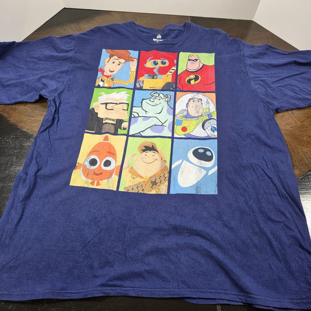 Disney Pixar Blue Graphic T-Shirt Mens XL Grid Characters Distressed
